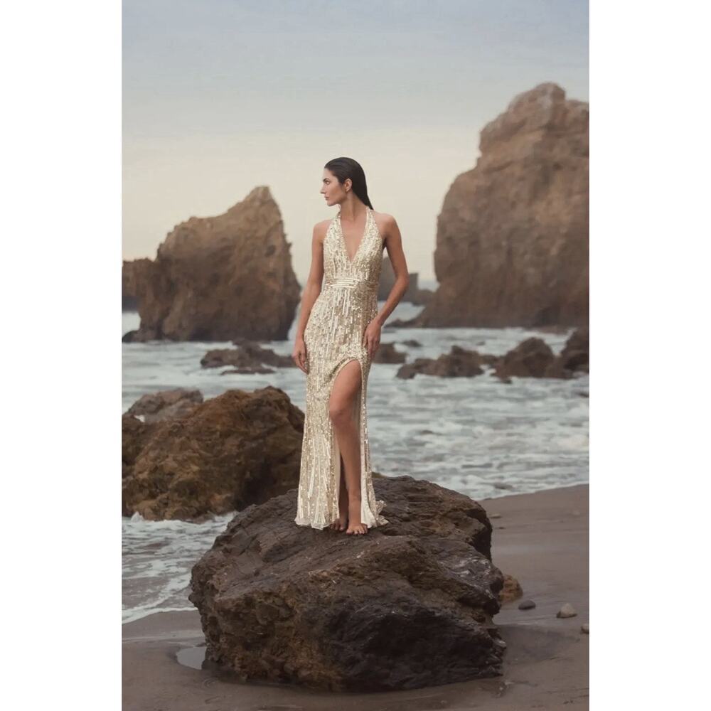 Mac Duggal 5759 Gold Sequined Halter Strap Trumpet Gown Size 16 $498 - Picture 6 of 11